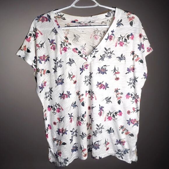 Lucky Brand White Floral V-Neck Blouse – Short Sleeve Casual Top, Women's Size M - Picture 1 of 6